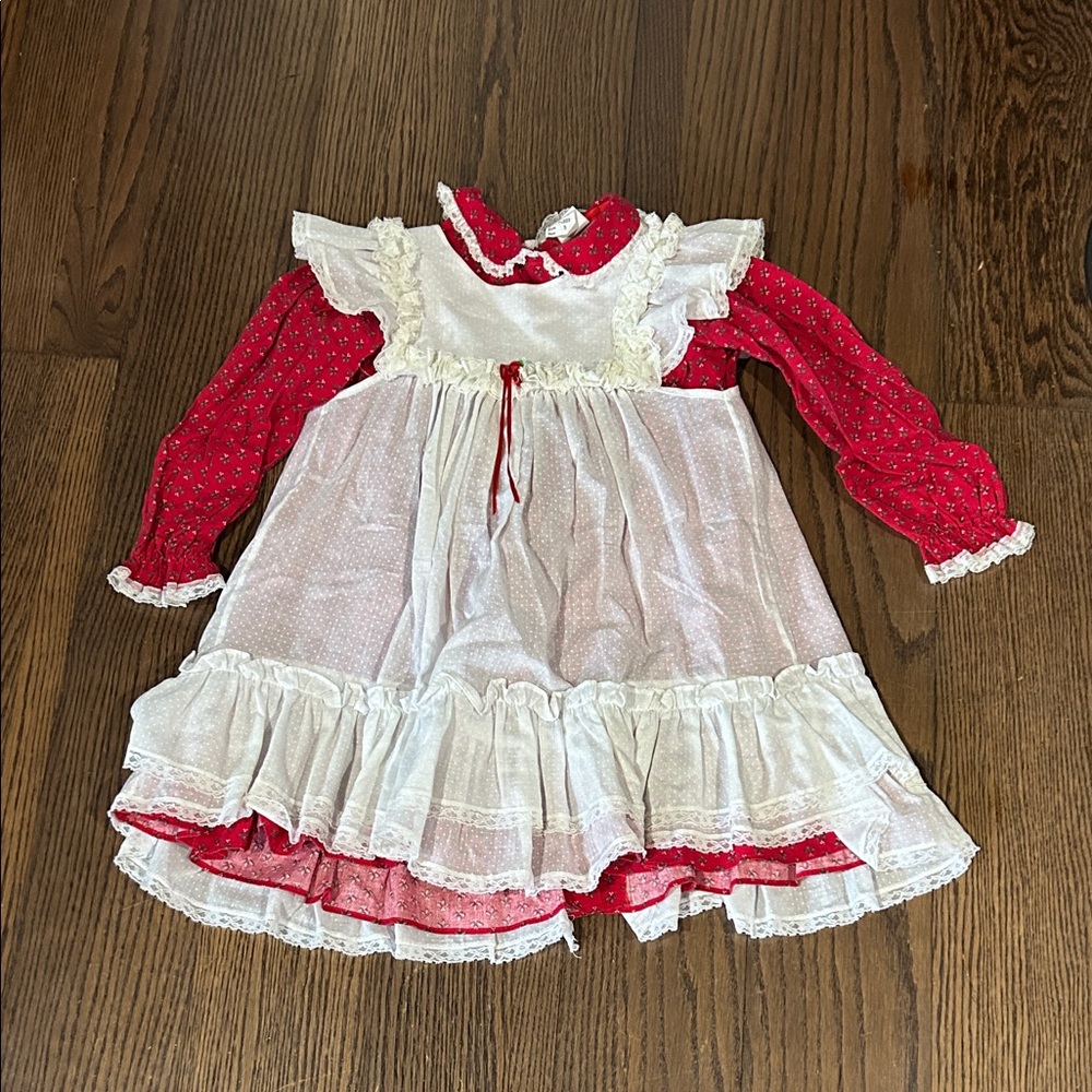 Vtg Bryan Red White Ruffled Girls lace pinafore overlay Swiss dot Victorian dre